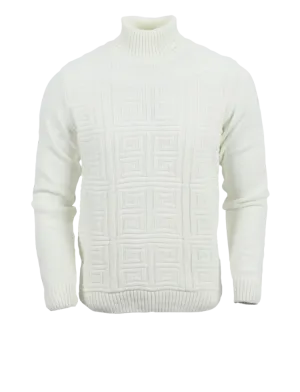White Men's Greek Key Turtleneck Sweaters Light Blend Slim Fit