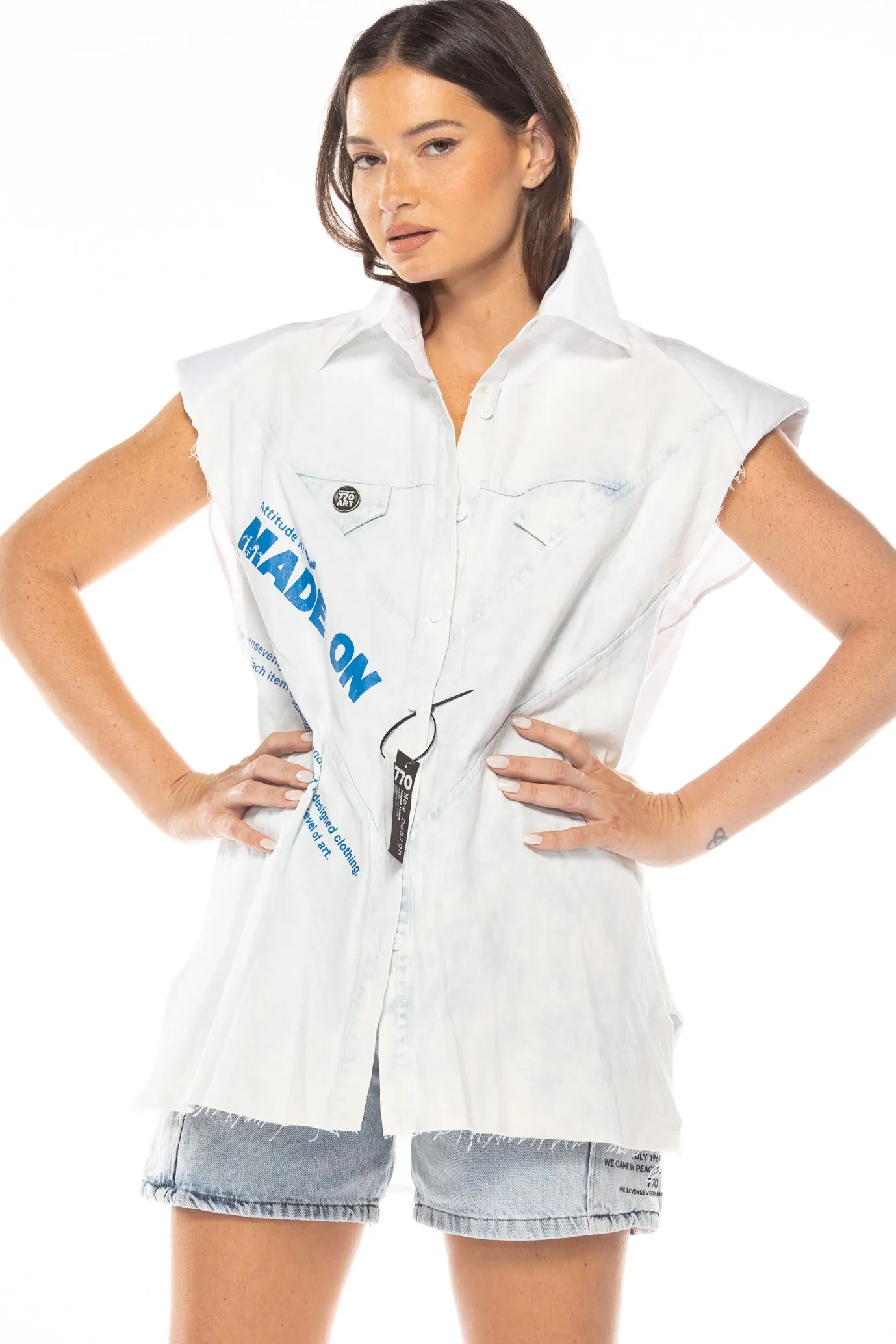 White shoulder padded short sleeve denim shirt | MADE VEST JEANS