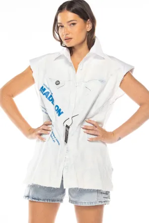 White shoulder padded short sleeve denim shirt | MADE VEST JEANS