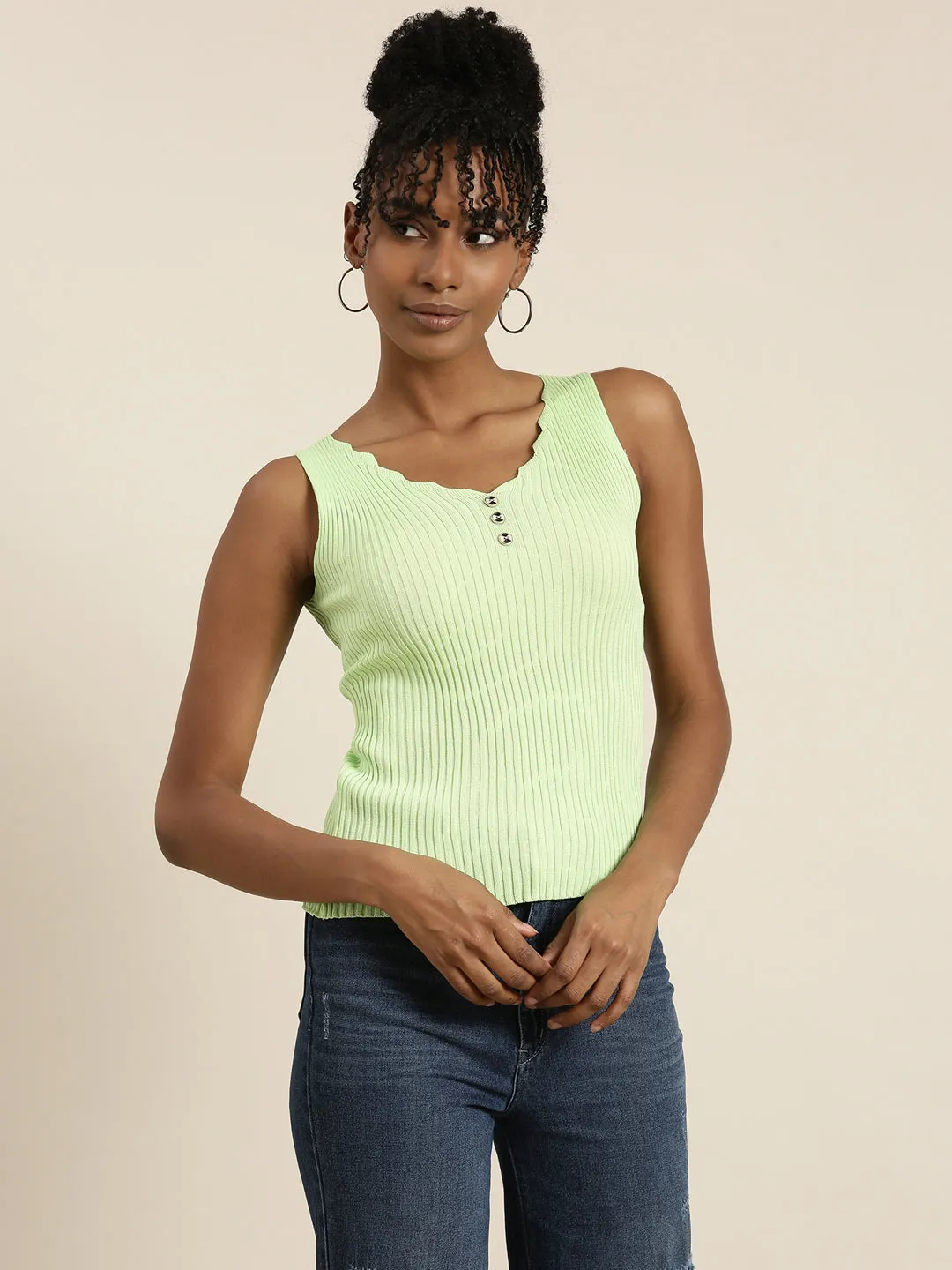 Women Fluorescent Green Solid Tank Top
