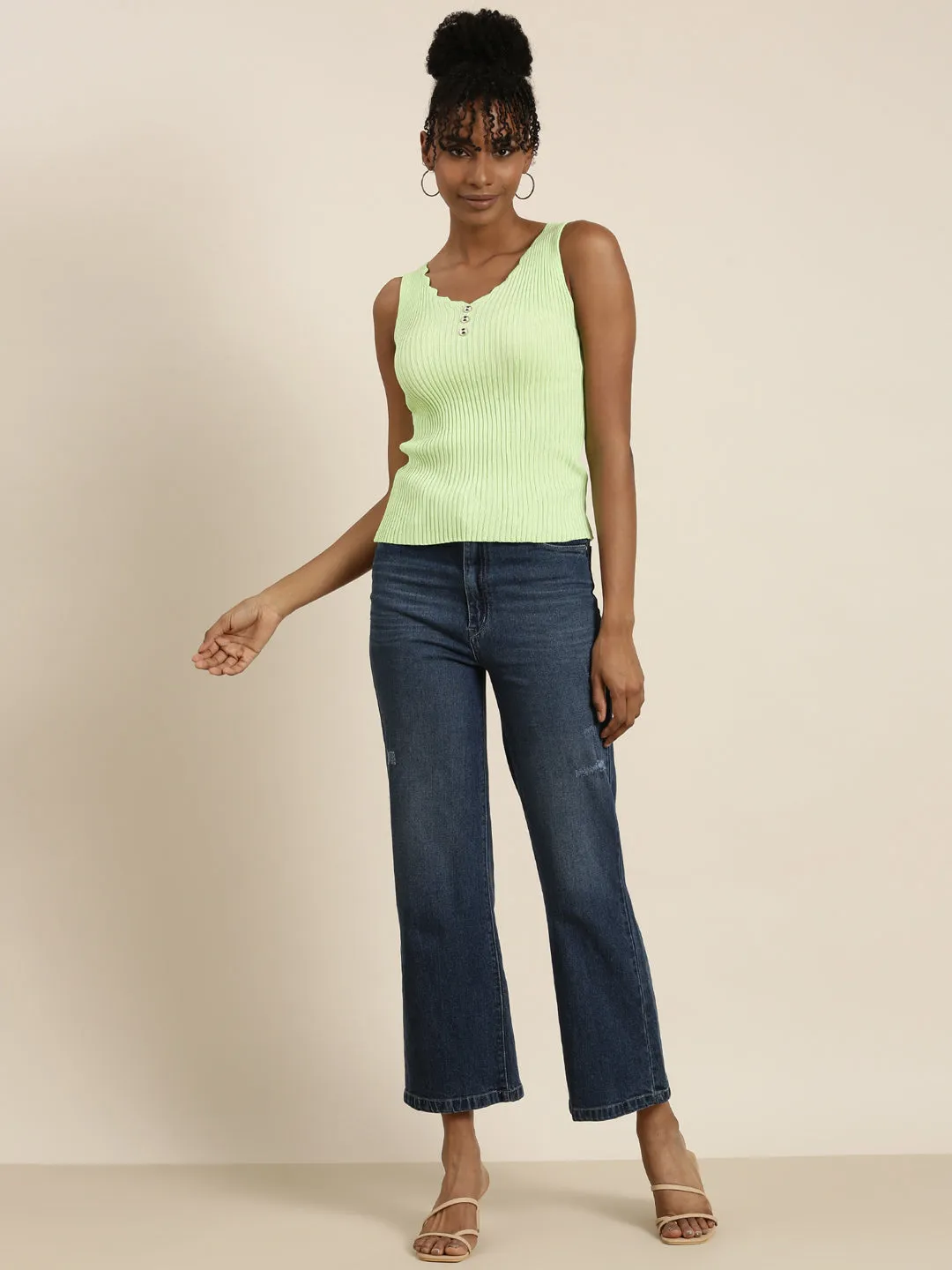 Women Fluorescent Green Solid Tank Top