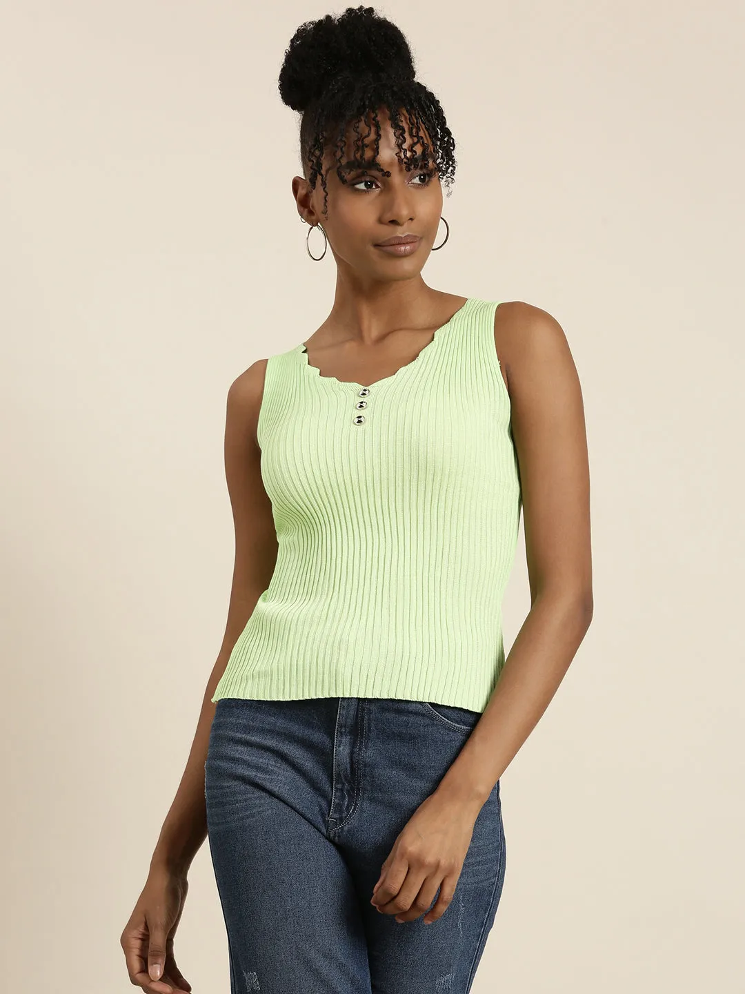 Women Fluorescent Green Solid Tank Top