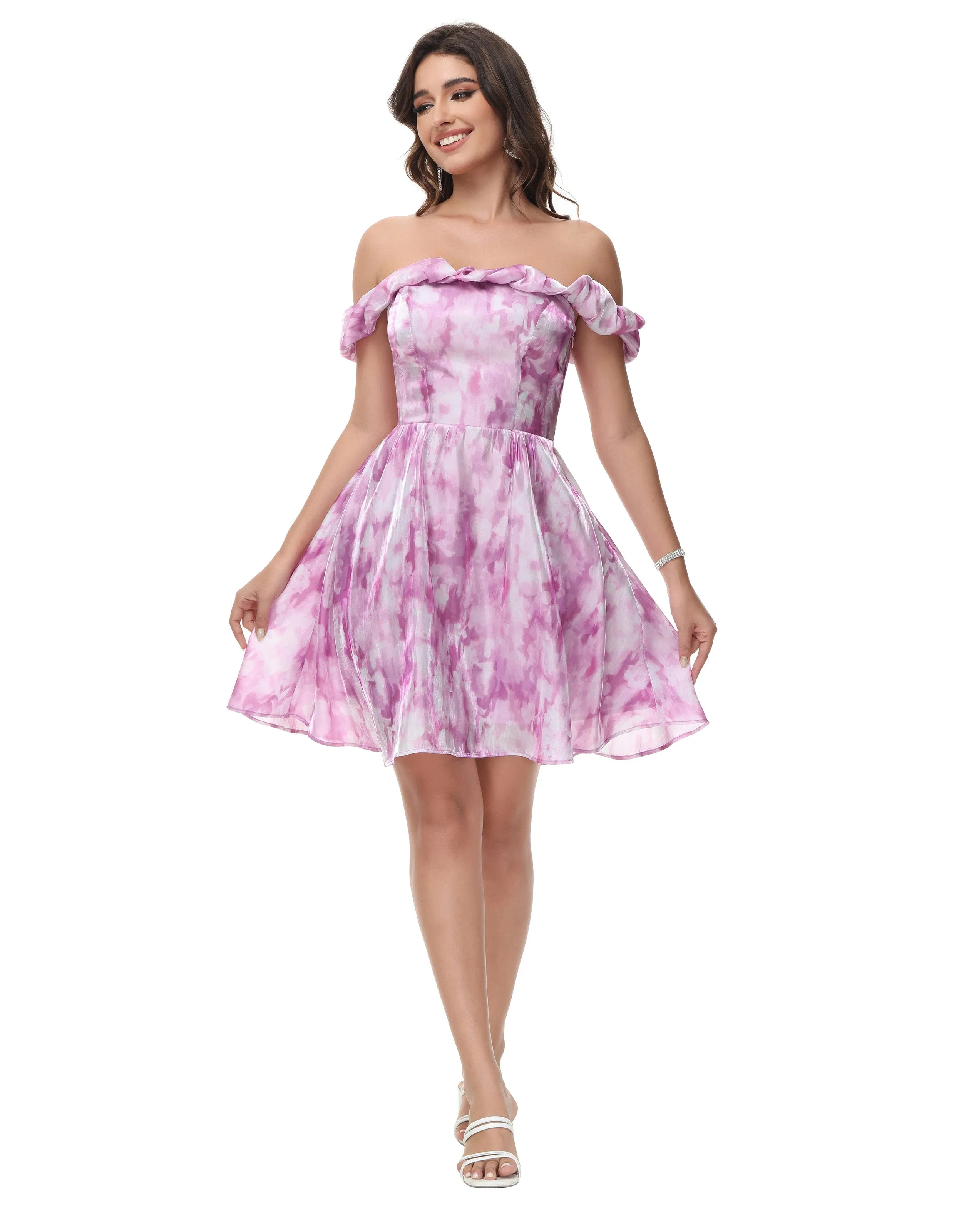 Women Off Shoulder Dress Casual Smocked Back Bodice Mid-Thigh A-Line Dress