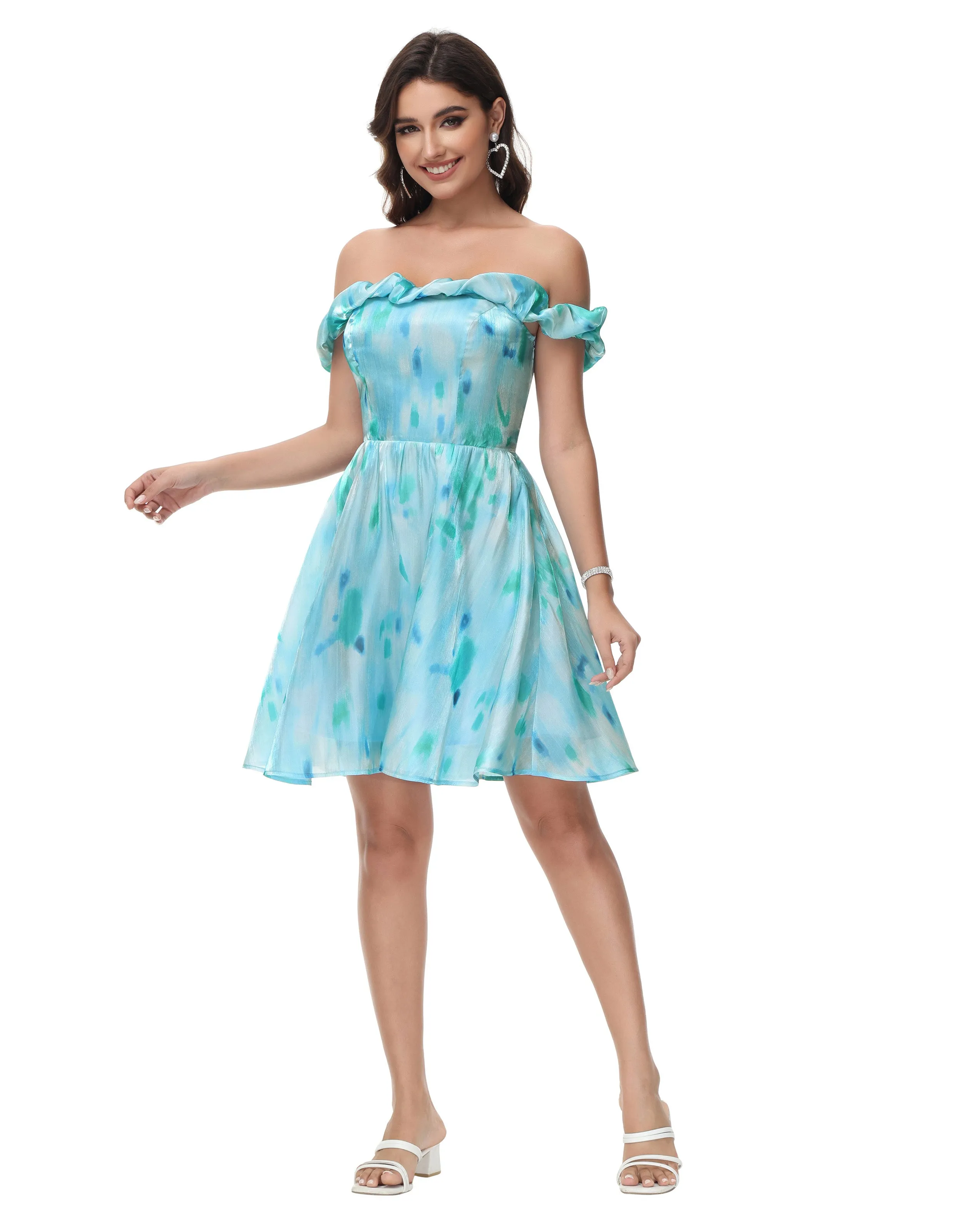 Women Off Shoulder Dress Casual Smocked Back Bodice Mid-Thigh A-Line Dress