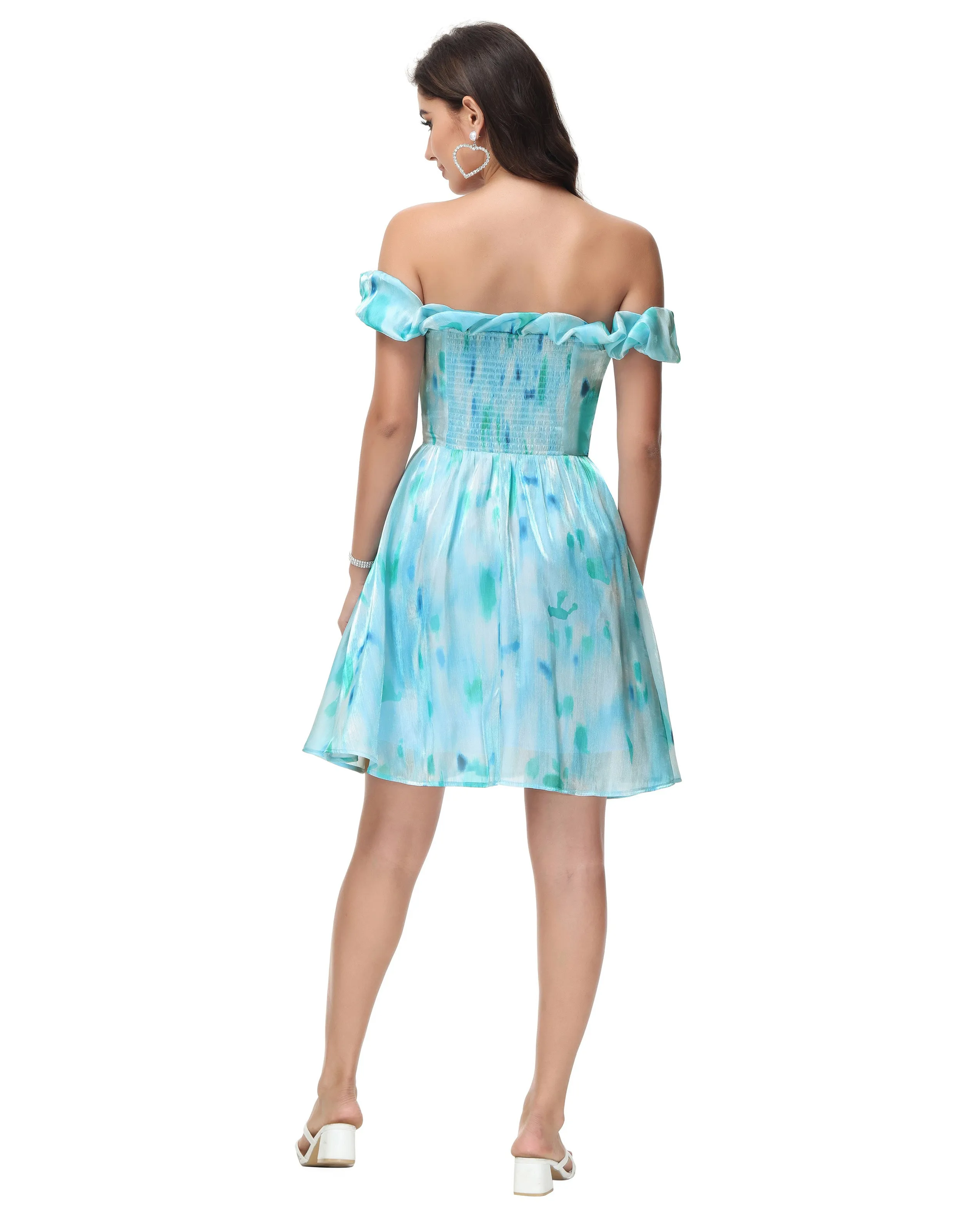 Women Off Shoulder Dress Casual Smocked Back Bodice Mid-Thigh A-Line Dress