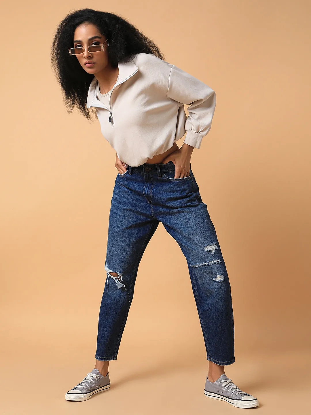 Women Solid Beige Oversized Top with tank top