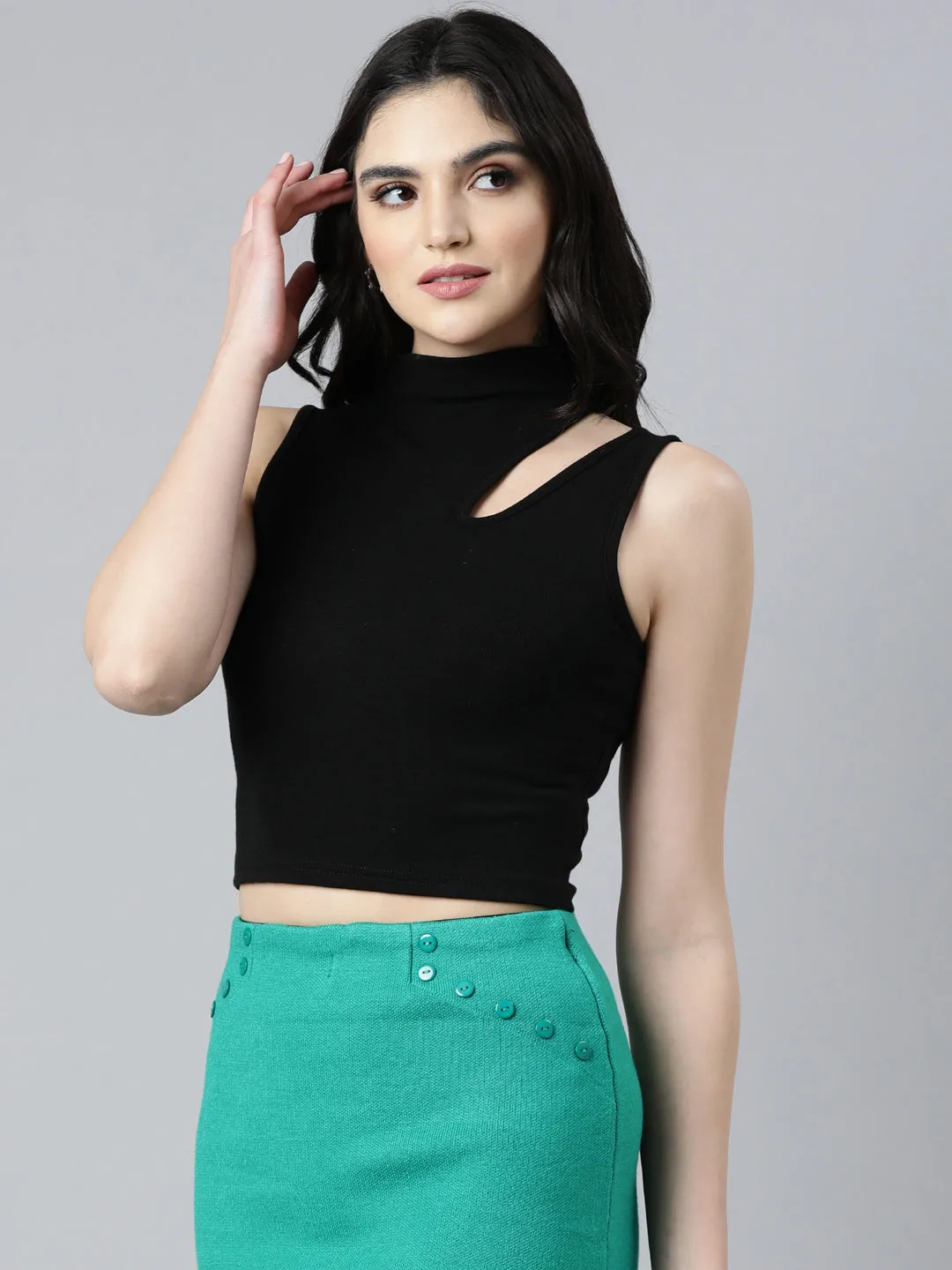 Women Solid Black Tank Crop Top