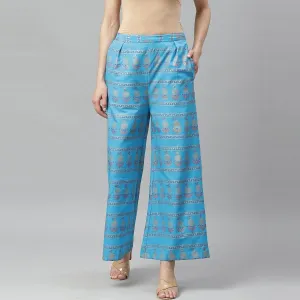 Women's Blue Cotton Printed Casual Palazzo Pants