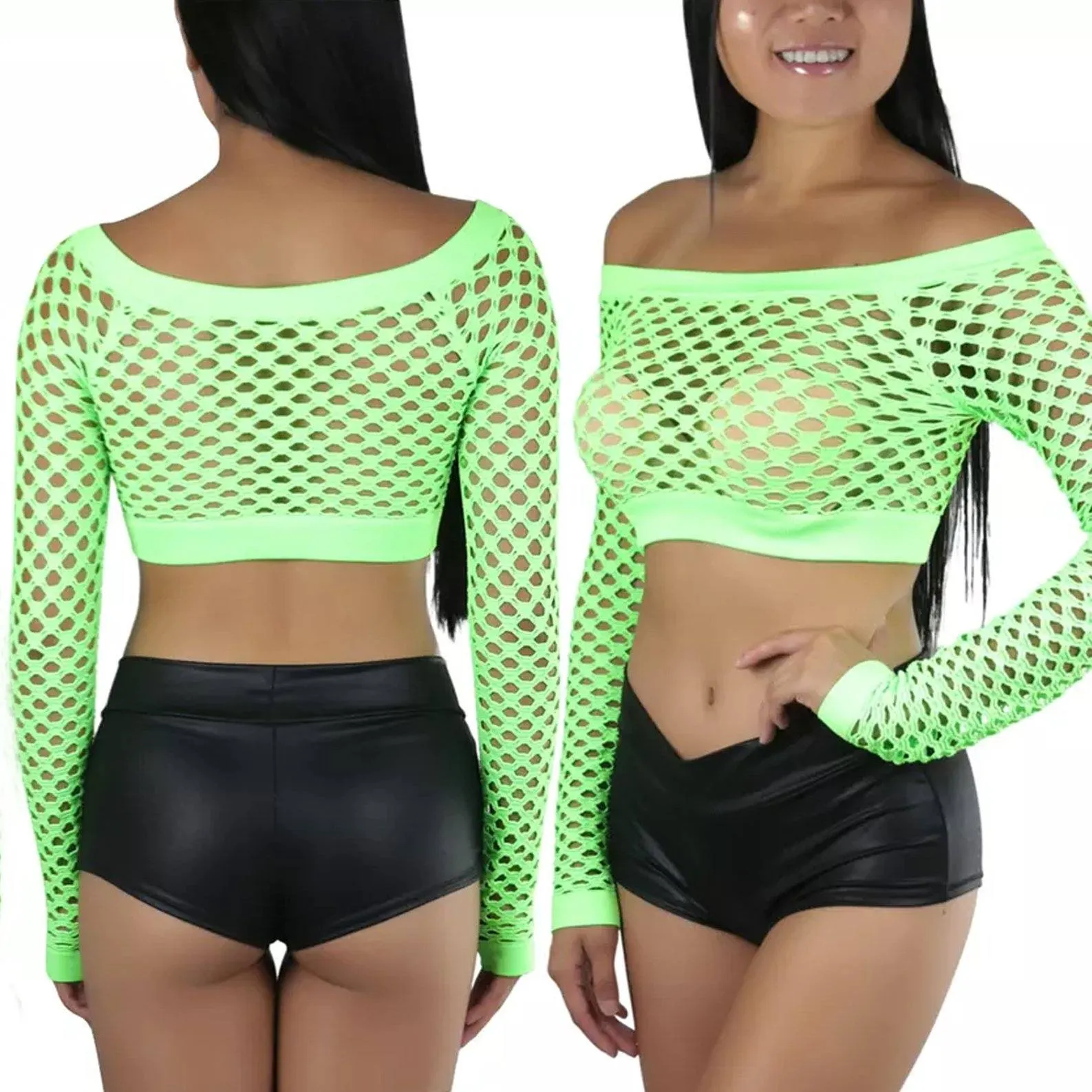 Women's Fishnet Long Sleeve Rave Novelty Party Crop Top
