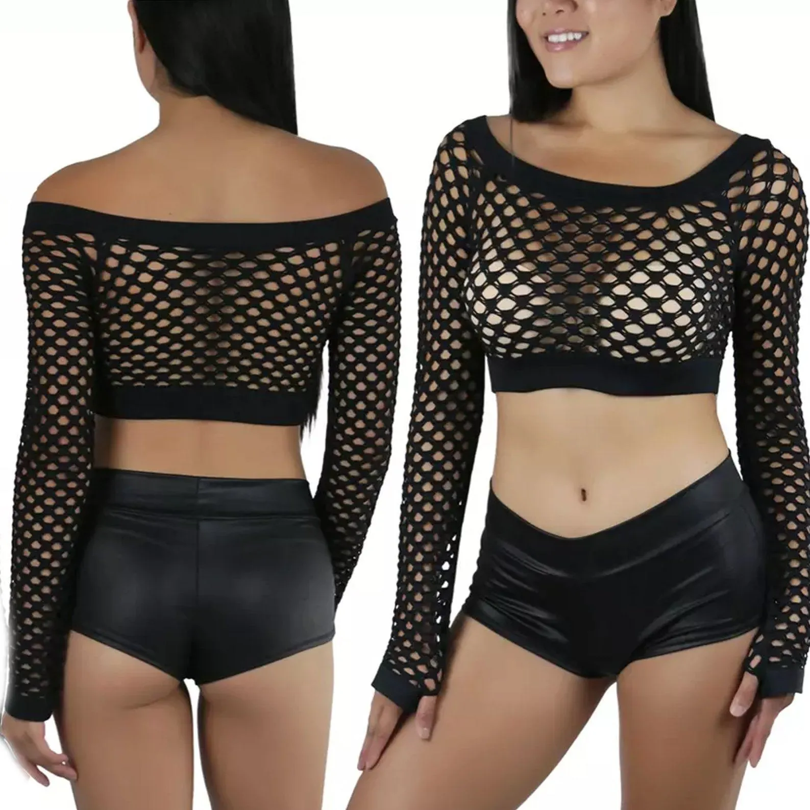 Women's Fishnet Long Sleeve Rave Novelty Party Crop Top