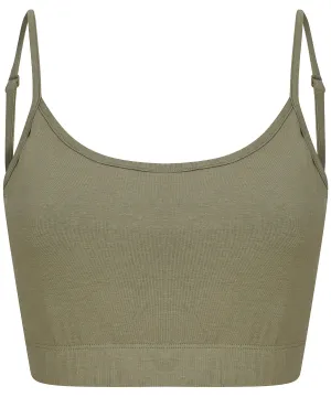 Womens sustainable fashion cropped cami top with adjustable straps | Khaki