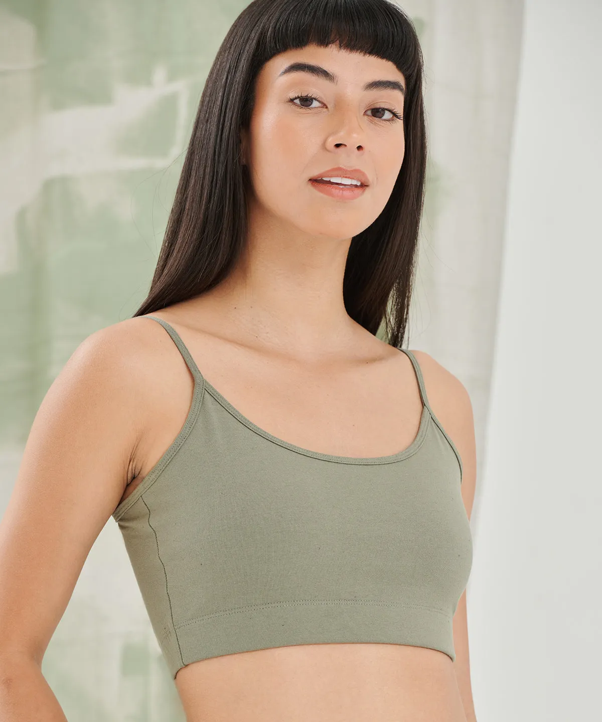 Womens sustainable fashion cropped cami top with adjustable straps | Khaki
