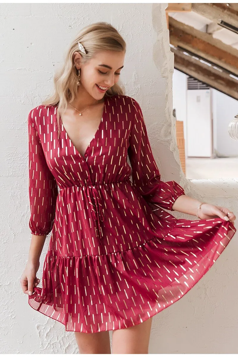 Women's V-neck Ruffled Striped Print High Waist Lantern Summer Spring Long Sleeve Dress