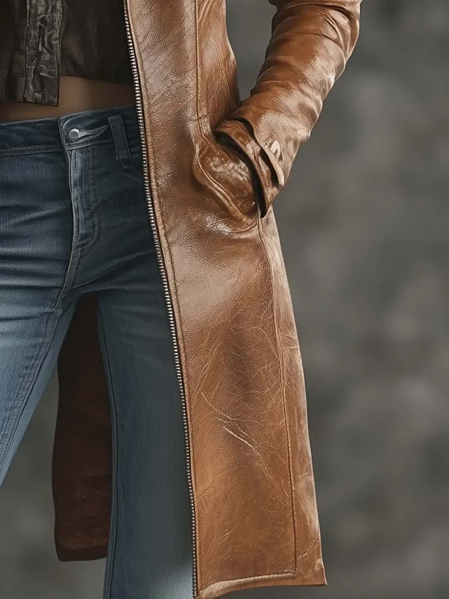 Women's Vintage Contrast Zipper Long Leather Jacket