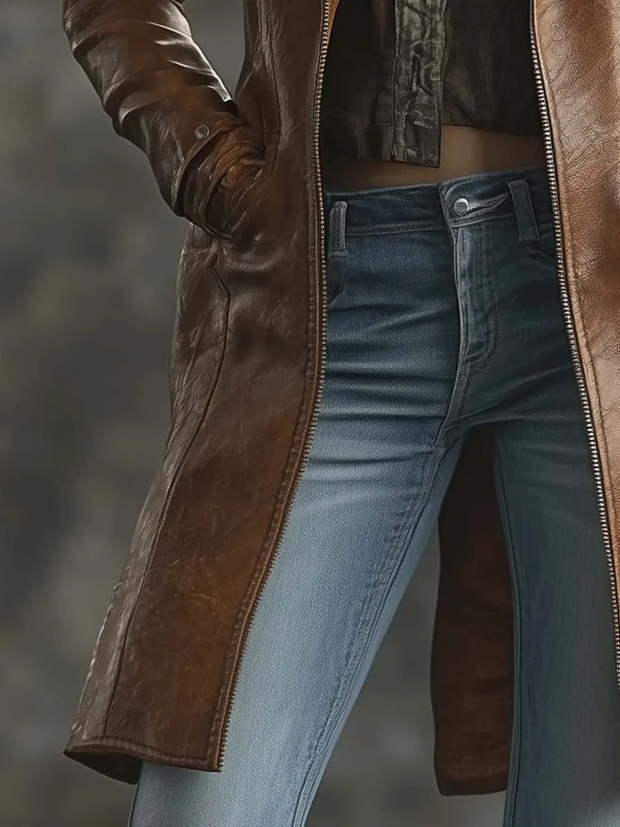 Women's Vintage Contrast Zipper Long Leather Jacket