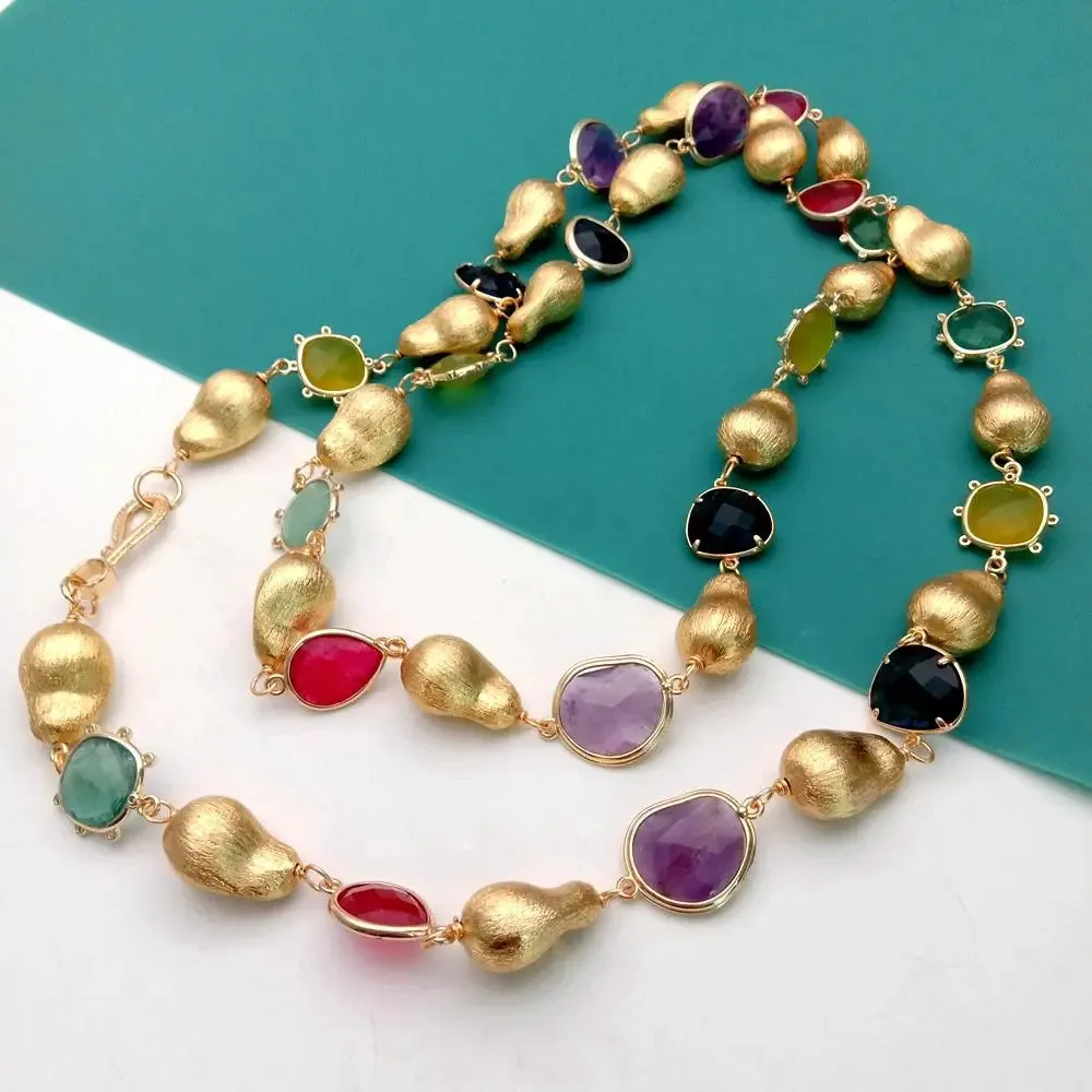 Y·YING Natural Stone Fluorite Lemon Quartz Amethyst Jade Long Necklace