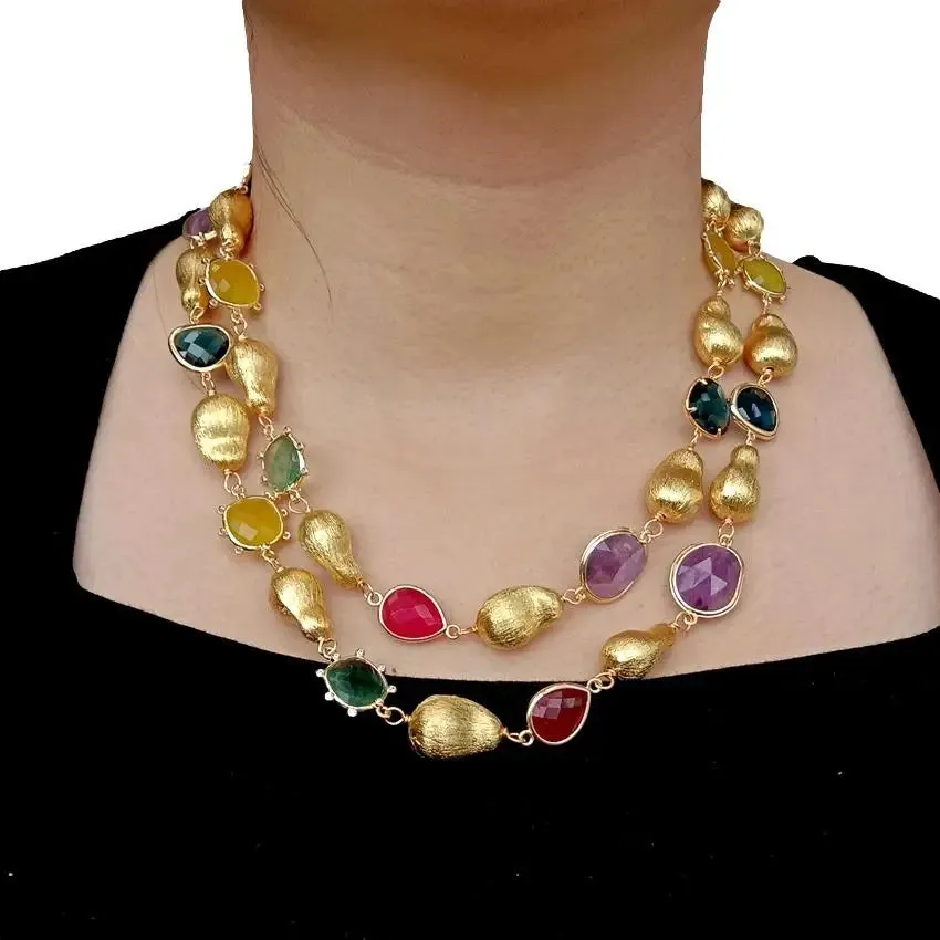 Y·YING Natural Stone Fluorite Lemon Quartz Amethyst Jade Long Necklace