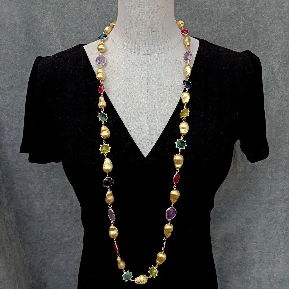 Y·YING Natural Stone Fluorite Lemon Quartz Amethyst Jade Long Necklace