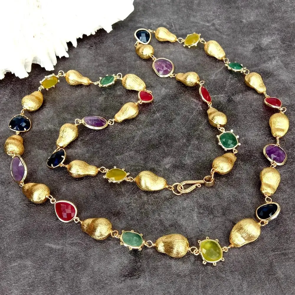 Y·YING Natural Stone Fluorite Lemon Quartz Amethyst Jade Long Necklace